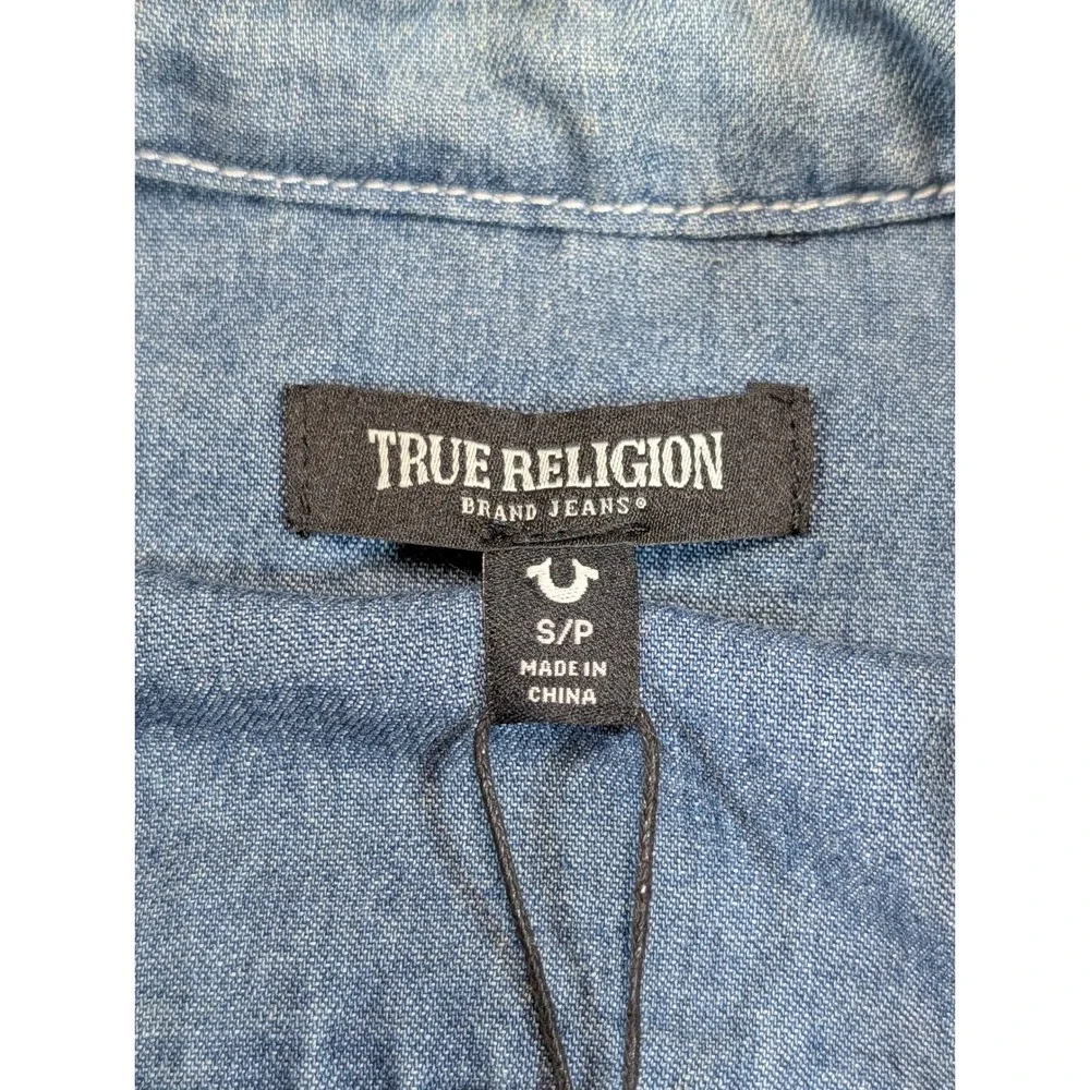 True Religion Mens Buddha‎ Graphic Chambray Denim Shirt Med Wash Blue Small NEW